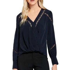 NWT Bailey 44 Corinne Navy Twilight Surplice Wrap Blouse with Lace Accents